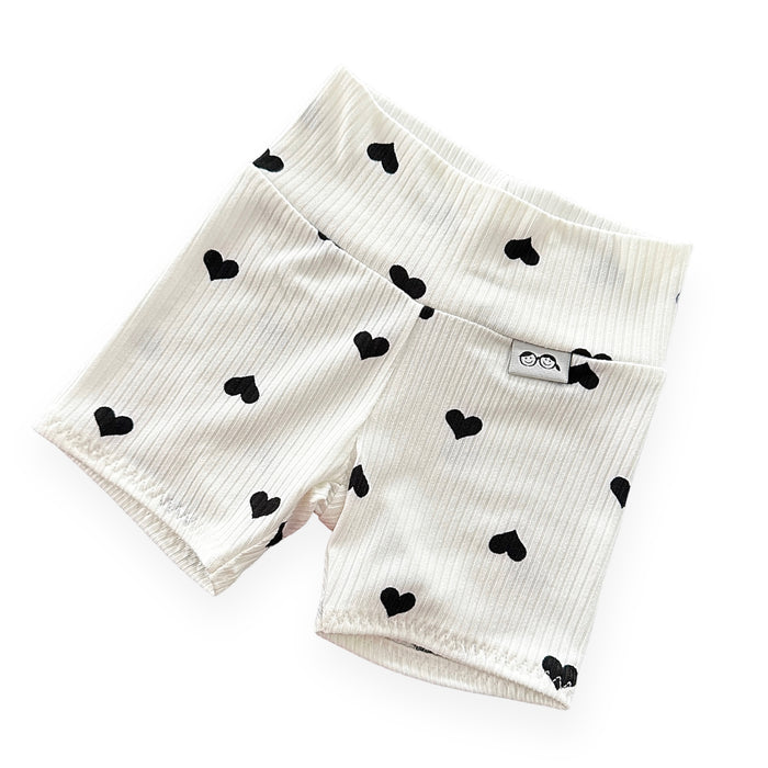 Flipped Black Hearts on White Ribbed Biker Shorts