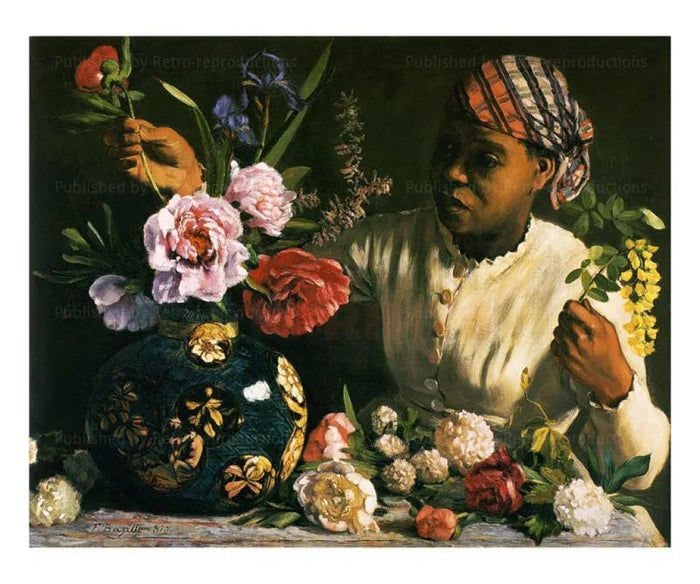 La Negresse aux Pivoines - Women making a bouquet of Flowers VINTAGEARTREPRINTS.COM