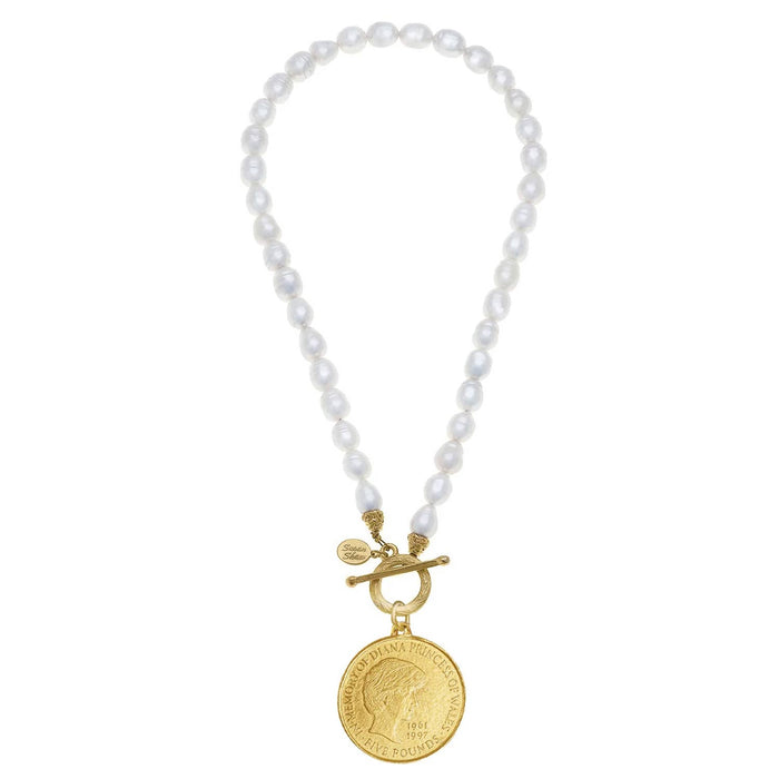 Princess Diana Coin on Front Toggle Pearl Necklace