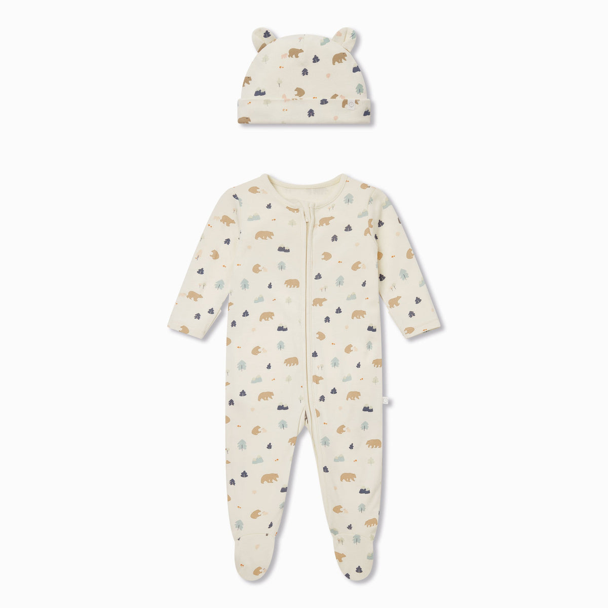 Bear Print Zip-Up Sleepsuit & Hat Set