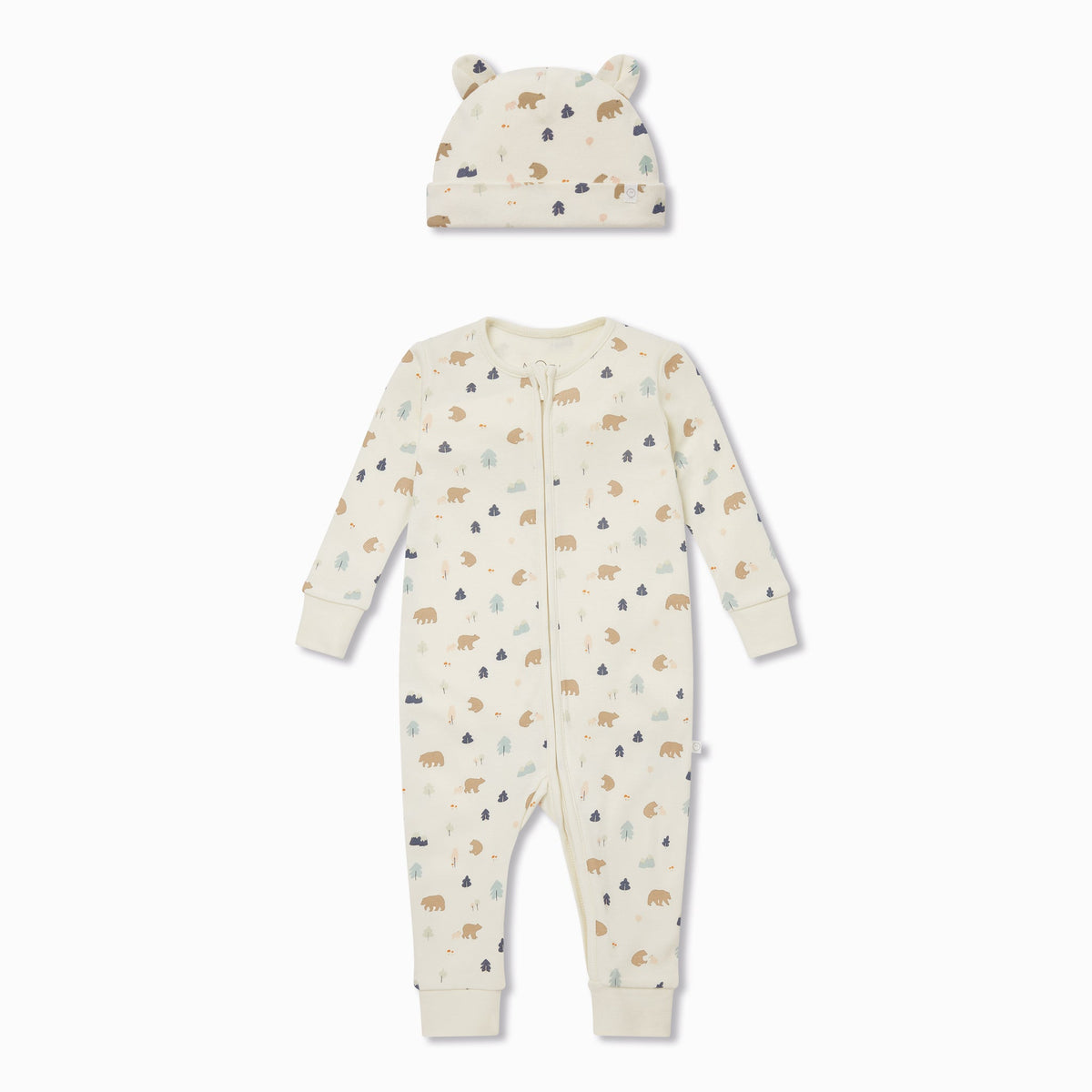 Bear Print Zip-Up Sleepsuit & Hat Set
