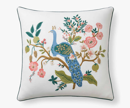 Embroidered Pillow Cover - Peacock White