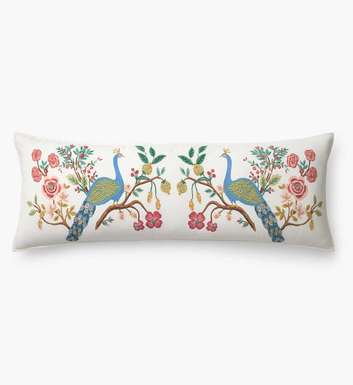 Embroidered Lumbar Pillow Cover - Peacock Ivory