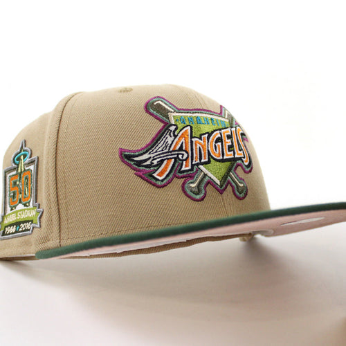Anaheim Angels 50 ANGEL STADIUM New Era 59Fifty Fitted Hat (GITD CAMEL MOUNTAIN PINE GREEN PINK ROUGE Under Brim)