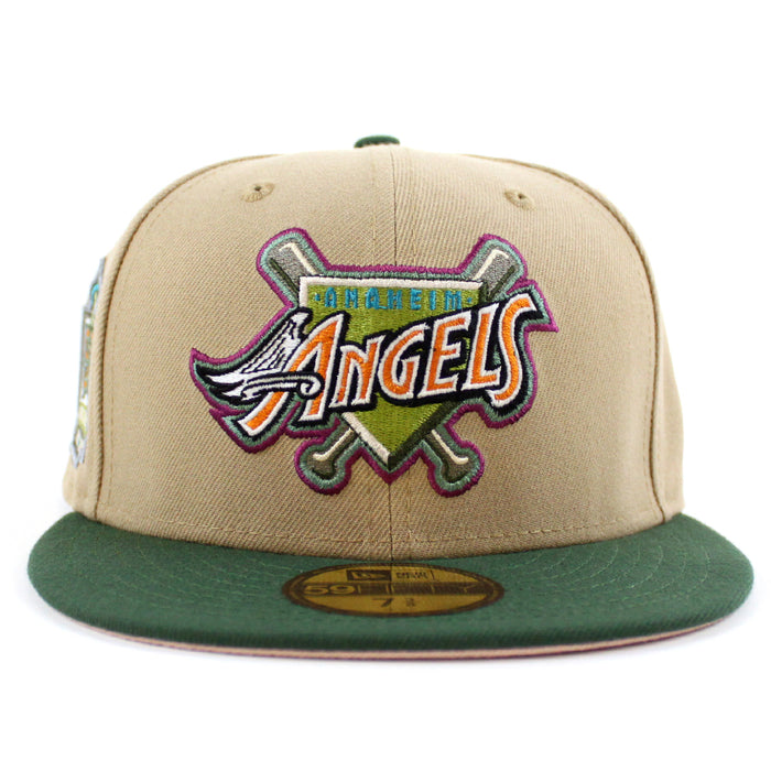 Anaheim Angels 50 ANGEL STADIUM New Era 59Fifty Fitted Hat (GITD CAMEL MOUNTAIN PINE GREEN PINK ROUGE Under Brim)