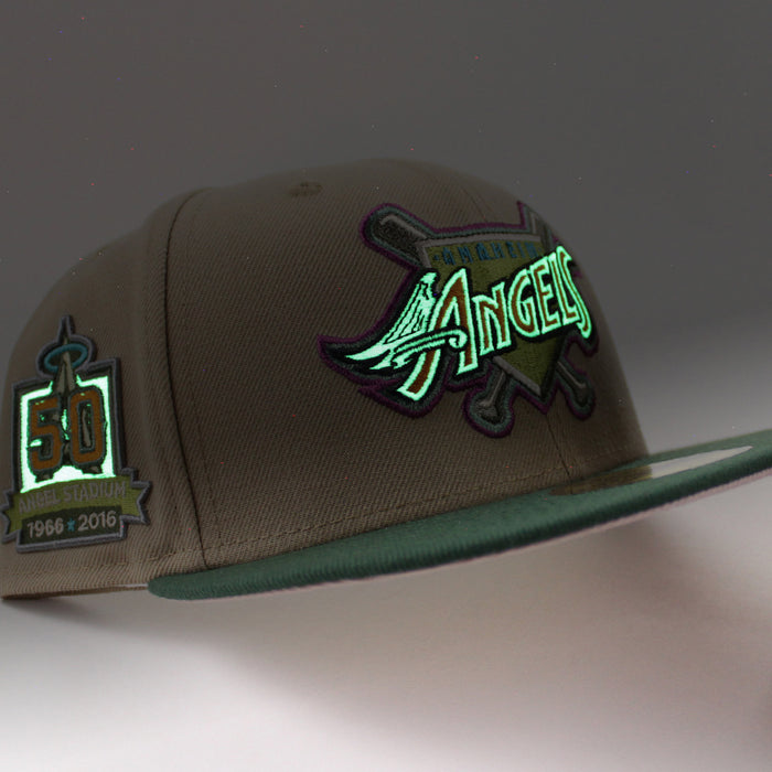 Anaheim Angels 50 ANGEL STADIUM New Era 59Fifty Fitted Hat (GITD CAMEL MOUNTAIN PINE GREEN PINK ROUGE Under Brim)