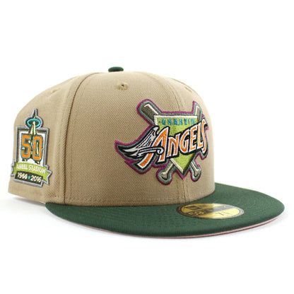 Anaheim Angels 50 ANGEL STADIUM New Era 59Fifty Fitted Hat (GITD CAMEL MOUNTAIN PINE GREEN PINK ROUGE Under Brim)