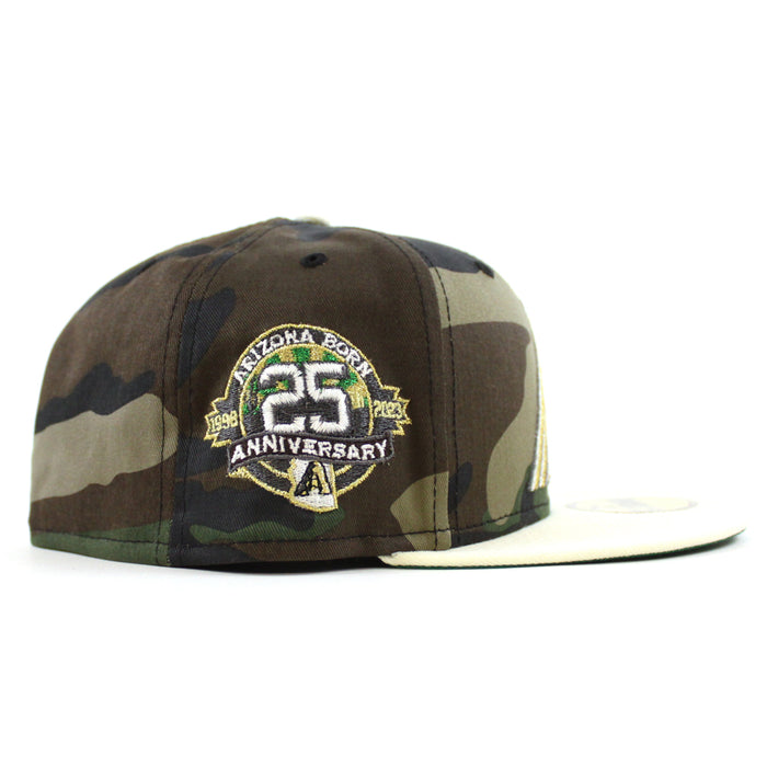 Arizona Diamondbacks 25th Anniversary New Era 59Fifty Fitted Hat (WoodLand Camo Chrome White Green Under Brim)