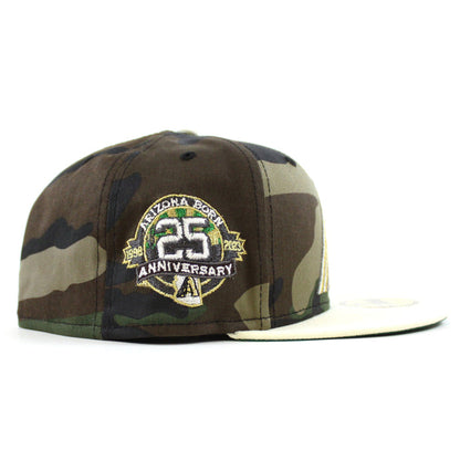 Arizona Diamondbacks 25th Anniversary New Era 59Fifty Fitted Hat (WoodLand Camo Chrome White Green Under Brim)