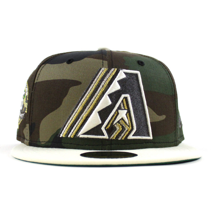 Arizona Diamondbacks 25th Anniversary New Era 59Fifty Fitted Hat (WoodLand Camo Chrome White Green Under Brim)