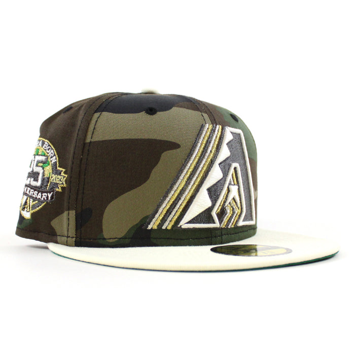 Arizona Diamondbacks 25th Anniversary New Era 59Fifty Fitted Hat (WoodLand Camo Chrome White Green Under Brim)