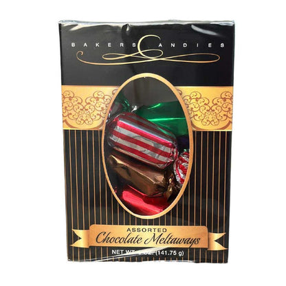 Packaged assorted chocolate meltaways with 'Bakers & Candies' branding on a white background