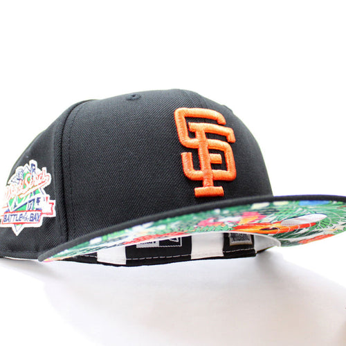 BATTLE OF THE BAY San Francisco Giants 1989 World Series Patch New Era 59Fifty Fitted Hats (Glow in the Dark Patch BLACK Floral UNDER BRIM)