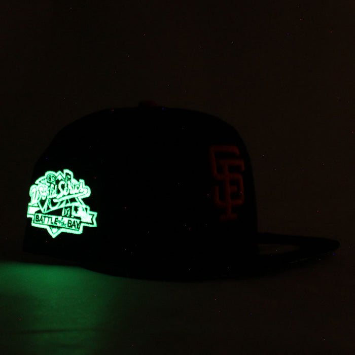 BATTLE OF THE BAY San Francisco Giants 1989 World Series Patch New Era 59Fifty Fitted Hats (Glow in the Dark Patch BLACK Floral UNDER BRIM)