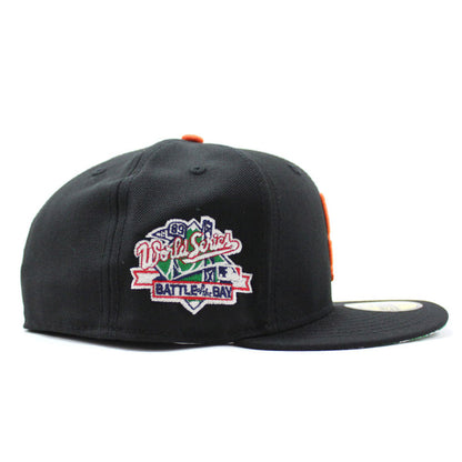 BATTLE OF THE BAY San Francisco Giants 1989 World Series Patch New Era 59Fifty Fitted Hats (Glow in the Dark Patch BLACK Floral UNDER BRIM)