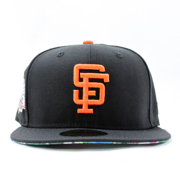 BATTLE OF THE BAY San Francisco Giants 1989 World Series Patch New Era 59Fifty Fitted Hats (Glow in the Dark Patch BLACK Floral UNDER BRIM)