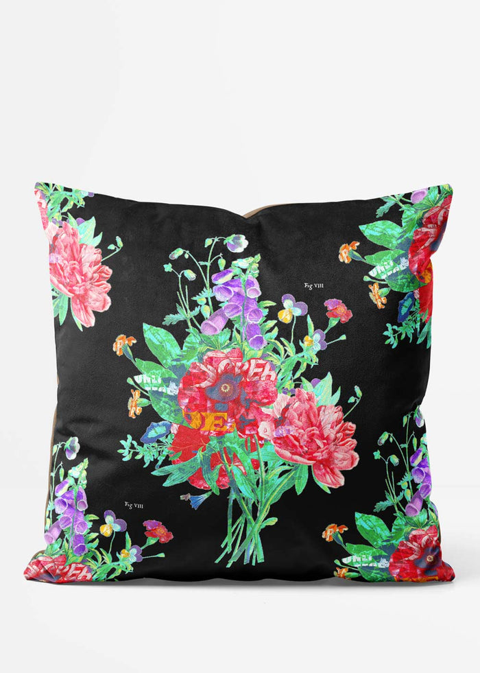 Black Botanical Bunch Flowers Cushion, front view