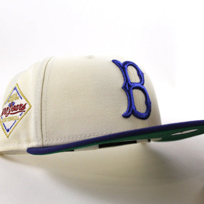 Brooklyn Dodgers 100 Years 59Fifty New Era Fitted Hat (Chrome White Dark Royal Blue and Green Under Brim)