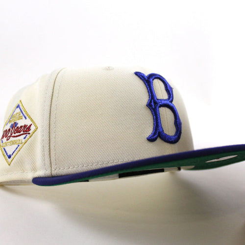 Brooklyn Dodgers 100 Years 59Fifty New Era Fitted Hat (Chrome White Dark Royal Blue and Green Under Brim)