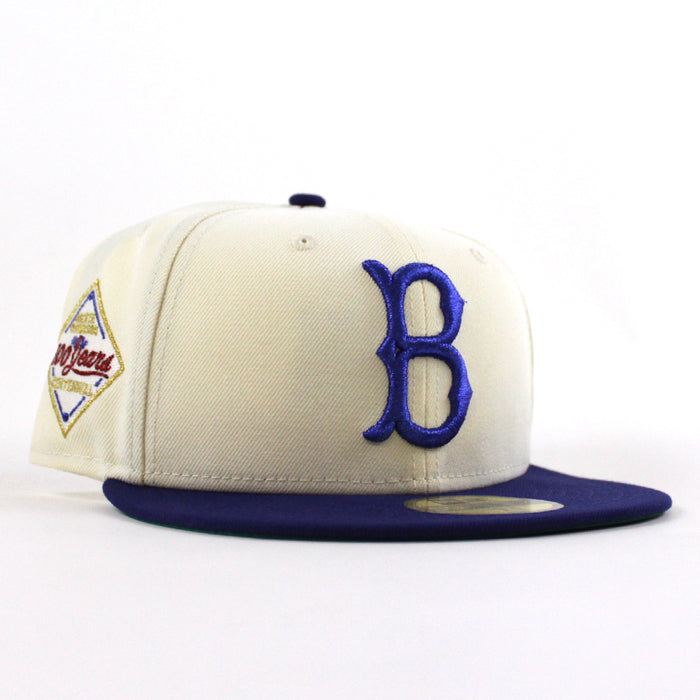 Brooklyn Dodgers 100 Years 59Fifty New Era Fitted Hat (Chrome White Dark Royal Blue and Green Under Brim)