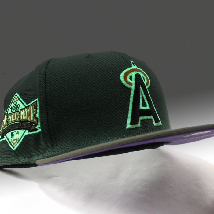 California Angels 1989 All-Star Game New Era 59Fifty Fitted Hat (GITD Pine Green Olive Light Purple Under Brim)