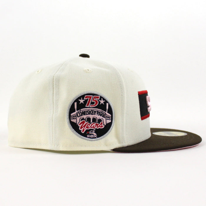 Chicago White Sox 75th Anniversary New Era Fitted 59Fifty Hat (Chrome White Brown Pink Under Brim)