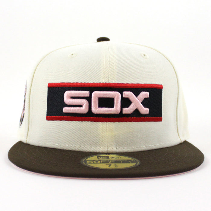 Chicago White Sox 75th Anniversary New Era Fitted 59Fifty Hat (Chrome White Brown Pink Under Brim)
