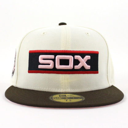 Chicago White Sox 75th Anniversary New Era Fitted 59Fifty Hat (Chrome White Brown Pink Under Brim)
