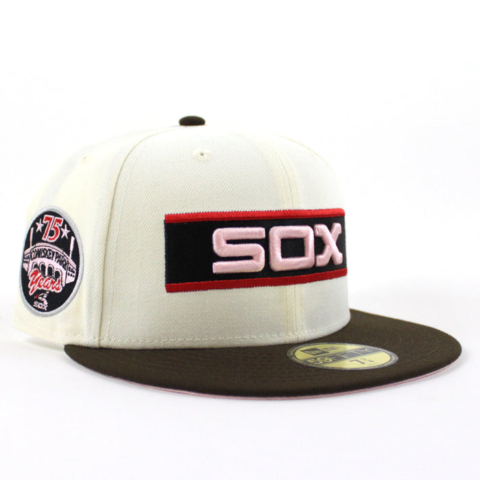Chicago White Sox 75th Anniversary New Era Fitted 59Fifty Hat (Chrome White Brown Pink Under Brim)