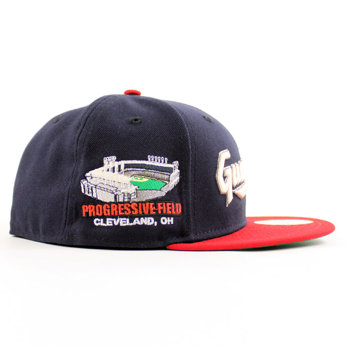 Cleveland Guardians Progressive Field New Era 59Fifty Fitted Hat  (Scarlet Red Navy Green Under Brim)