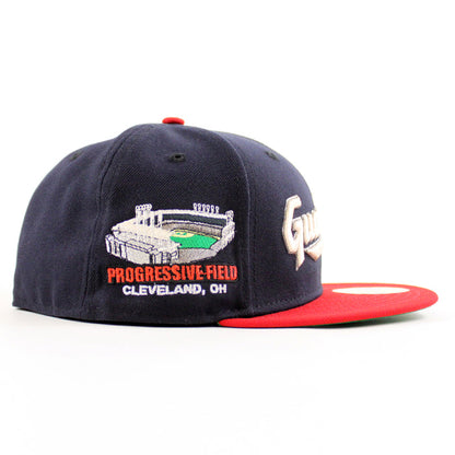 Cleveland Guardians Progressive Field New Era 59Fifty Fitted Hat  (Scarlet Red Navy Green Under Brim)