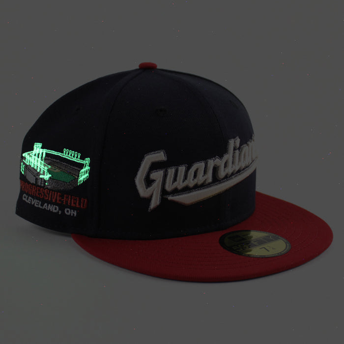 Cleveland Guardians Progressive Field New Era 59Fifty Fitted Hat  (Scarlet Red Navy Green Under Brim)