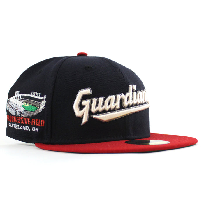 Cleveland Guardians Progressive Field New Era 59Fifty Fitted Hat  (Scarlet Red Navy Green Under Brim)