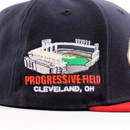 Cleveland Guardians Progressive Field New Era 59Fifty Fitted Hat  (Scarlet Red Navy Green Under Brim)