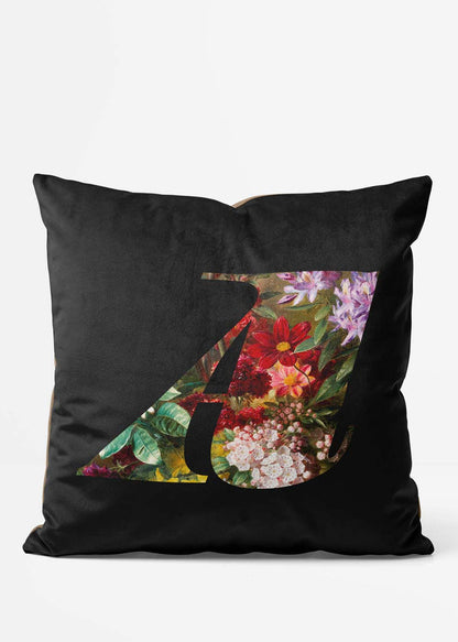 Custom Floral Single Letter Charcoal Cushion, front view