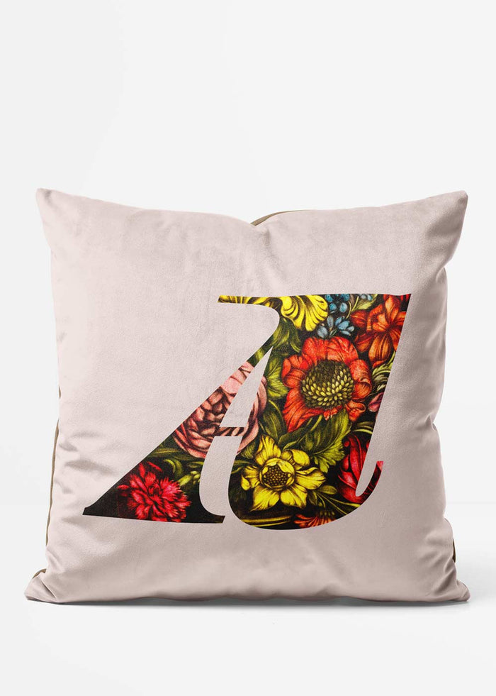 Custom Floral Single Letter White Cushion, front view