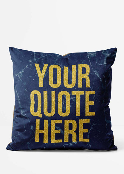 Custom Gold Glitter Style Lettering Blue Marble Cushion, front view