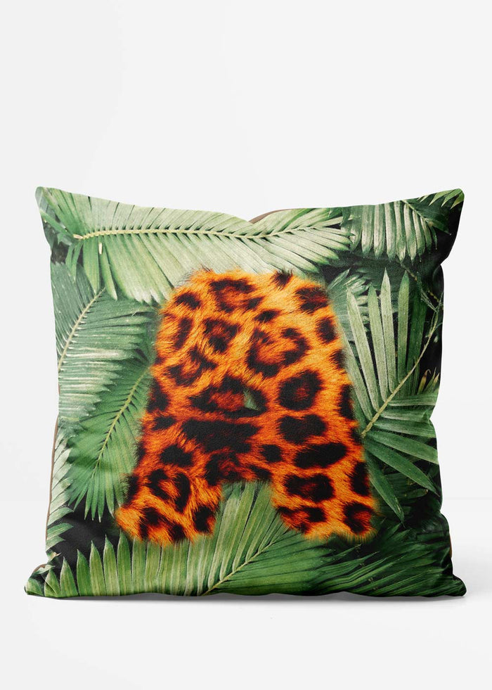 Custom Leopard Print Letter Cushion, front view in orange and green