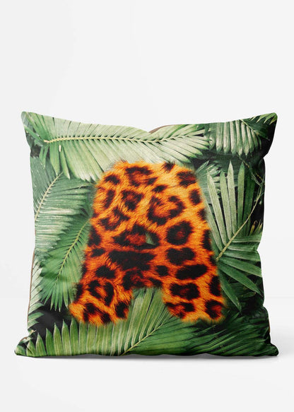 Custom Leopard Print Letter Cushion, front view in orange and green