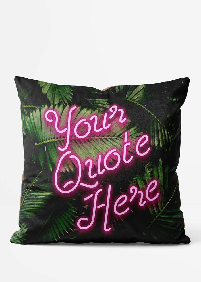 Custom Script Neon Leaves Cushion, front view in green and pink