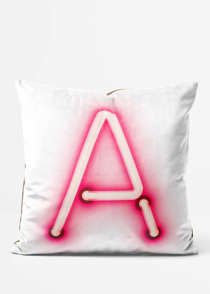 Custom Single Large Neon Letter White Cushion, front view in pink