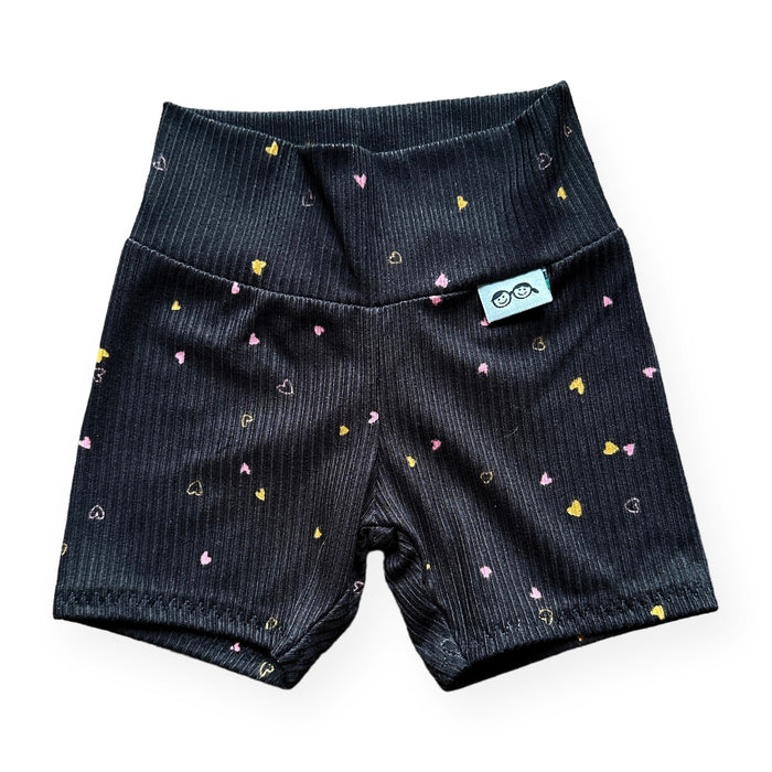 Dainty Hearts on Black Ribbed Biker Shorts