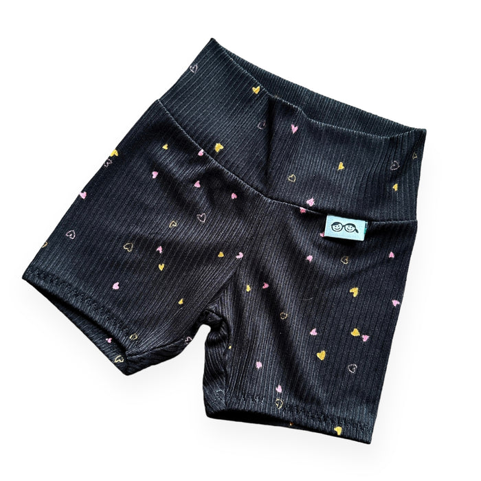 Dainty Hearts on Black Ribbed Biker Shorts