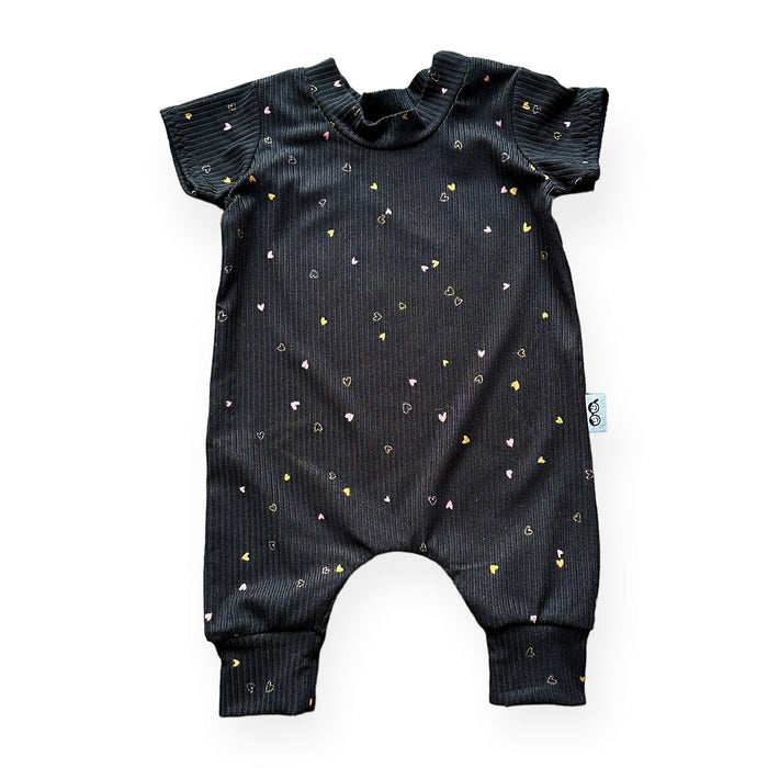 Dainty Hearts on Black Ribbed Harem Romper