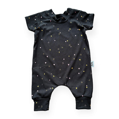 Dainty Hearts on Black Ribbed Harem Romper