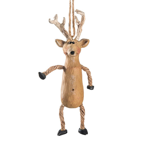 A whimsical handcrafted wooden reindeer hanging decoration with rope limbs, antlers, and a hanging loop, shown against a plain white background.