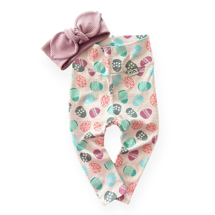 Easter Eggs on Pink Stripe Leggings with Lavender Headband