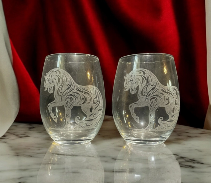Etched Stemless wine glass with Artistic Horse Design
