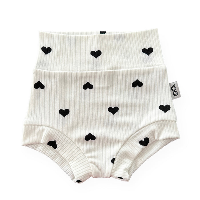Flipped Black Hearts on White Ribbed Bummies