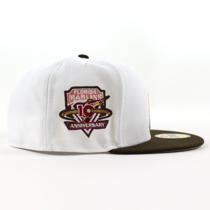Florida Marlins 10th Anniversary New Era 59Fifty Fitted Hat (Glow in the Dark WHITE WALNUT PINK ROUGE Under brim)